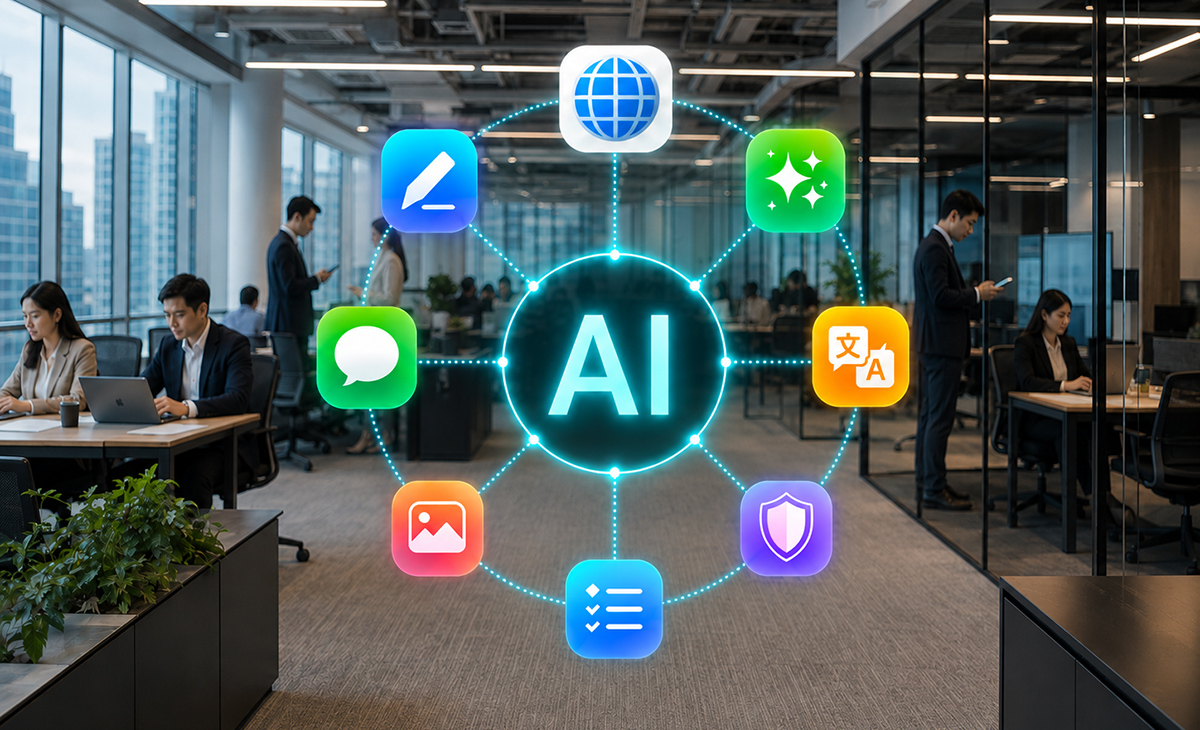 商務人士使用 Apple Intelligence 及 Samsung Galaxy AI 智能手機高效處理日常工作。