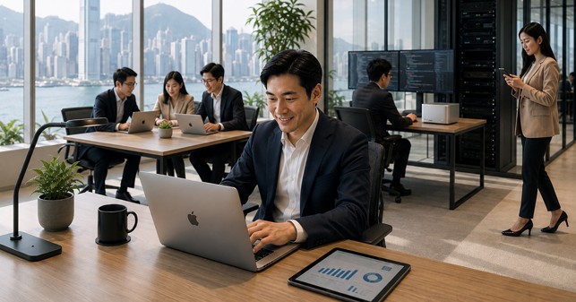 香港企業團隊使用 MacBook Pro 執行 AI 工作流程。